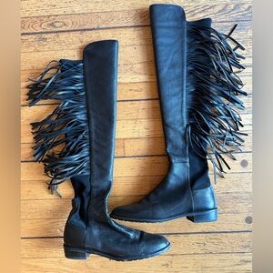 Stuart Weitzman Fringed Black Leather & fabric Knee-High Boots Size 7.5 N